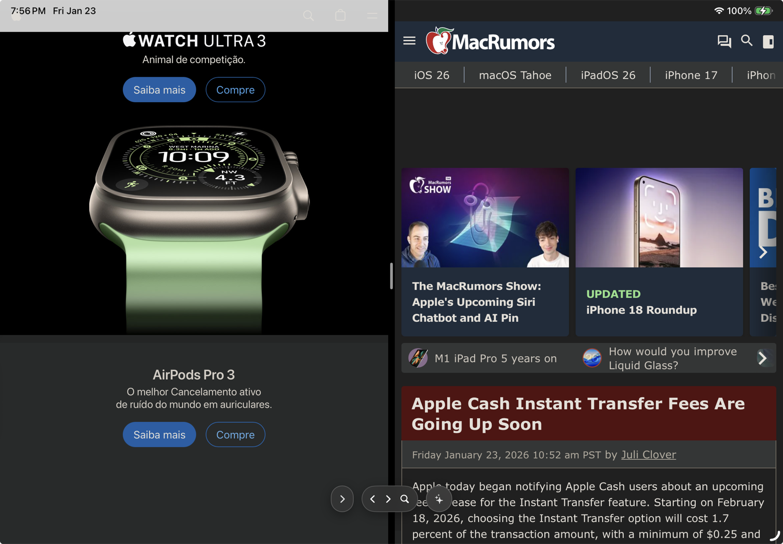 Vortex Browser running beside another webpage in iPad Split View.