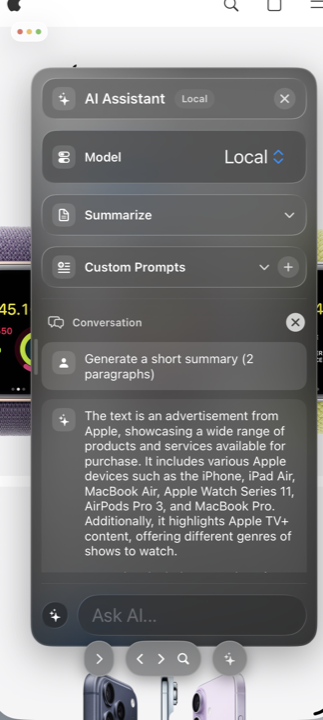 The Vortex Browser local AI Assistant open on iPhone.